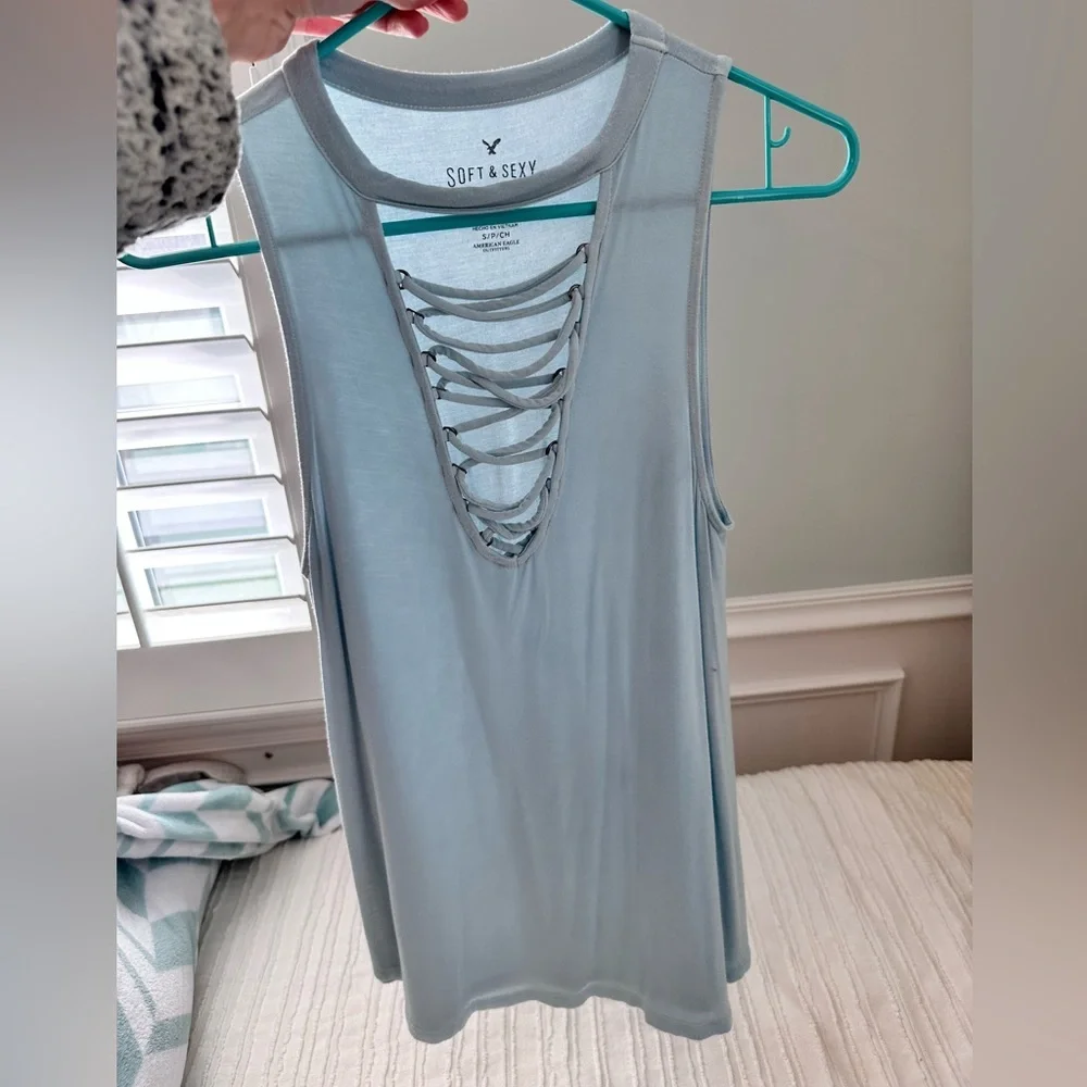 American Eagle Light Blue Lace Up Tank Sz. S - Picture 3 of 4